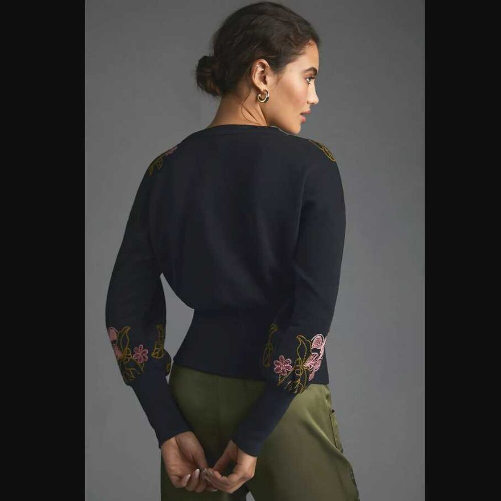 L By Anthropologie embroidered floral sweatshirt sweater in black - Picture 3 of 11